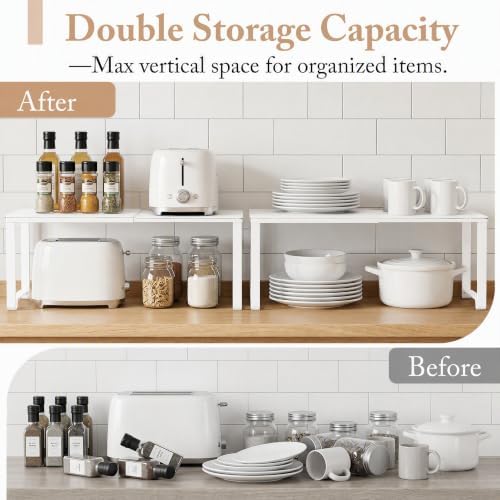 Extendable Metal Wire Shelf Organizer - Adjustable 15-24.4in Length, Stackable Storage Rack for Kitchen/Pantry/Bathroom/Shoe Cabinet/Tool Closet (2, White) - Image 3