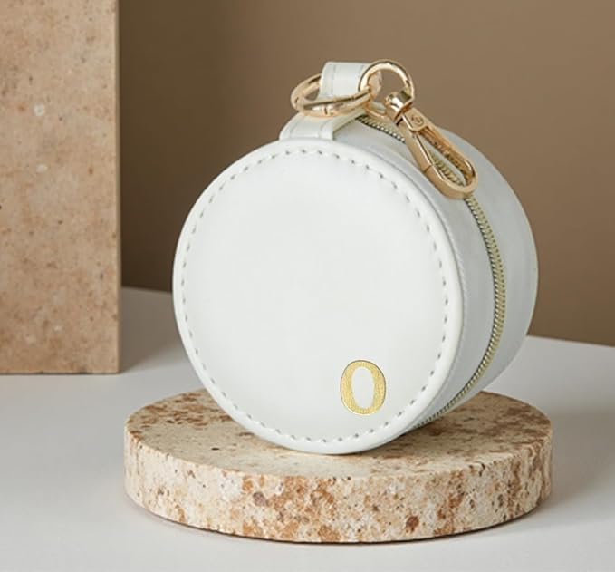 COLLECTIVE HOME - Monogrammed Letter Jewelry Case, Portable Travel Ring Holder Box with Keychain, Personalized Initial Organizer for Earrings Necklaces, Gift for Her (White-o)