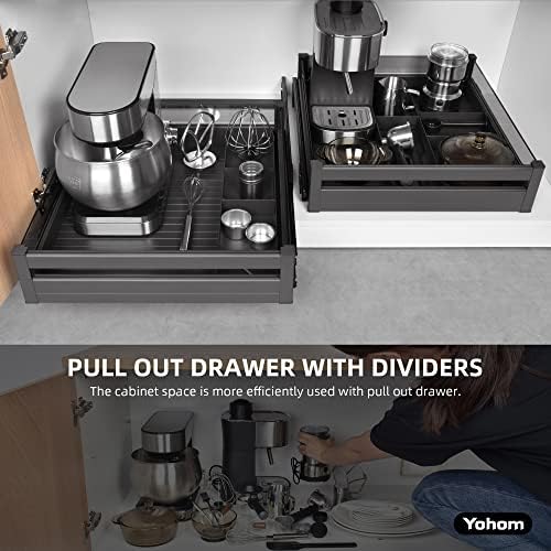 YOHOM Pull Out Cabinet Organizer – 20" W x 21" D Aluminum & Glass Drawer Organizer with Removable Dividers, Heavy Duty Pull Out Shelf for Kitchen Cabinets, Sliding Storage Tray, DIY Single Tier - Image 2