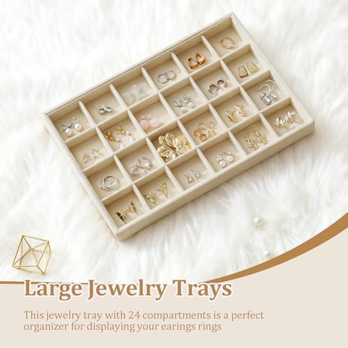 Large Jewelry Organizer for Drawer Insert Velvet Stackable Jewelry Trays for Earring Necklace Bracelet Ring Display (Beige, 24 Grids) - Image 2