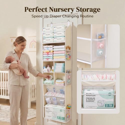 6-in-1 Over Door Hanging Organizer with 12 Mesh Pockets, 44 lbs Capacity, Warm Beige – Versatile Behind Door Storage for Baby Nursery, Newborn Essentials, Bedroom, Bathroom & Dorm - Image 4