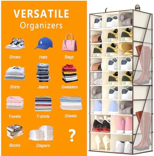 Hanging Shoe Organizer for Closet-Collapsible Storage Rack with 25 Sections & 4 Side Pockets, Hanging Shoe Shelves for Hats,and Clothes, Beige - Image 5