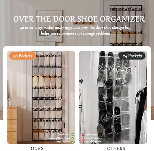 homyfort Over the Door Shoe Organizer, 40 Large Breathable Mesh Pocket,Space Saving Hanging Shoe Rack,Shoe Storage Holder for Entryway Bedroom Closet - Image 2