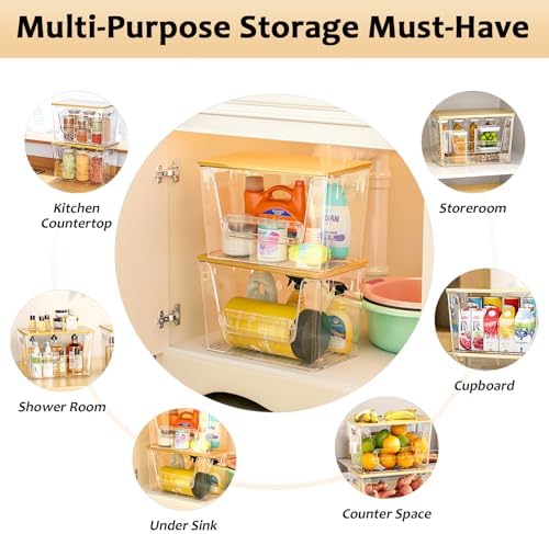 Delamu 2 Set Pantry Organizers and Storage, Trash Bag Holder Under Sink Organizer for 4-13 Gal Bags, Trash Bag Dispenser with Bamboo Top for Onion, Potato, Garlic, Clear (11-7/32"L*7" W*7-1/8"H) - Image 4