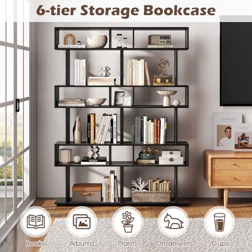 6 Tier S Shaped Bookshelf, Wood Geometric Bookcase, Modern Room Divider and Display Shelf, 64" Tall Staggered Bookshelf for Bedroom Living Room Office Study (1, Black) - Image 3