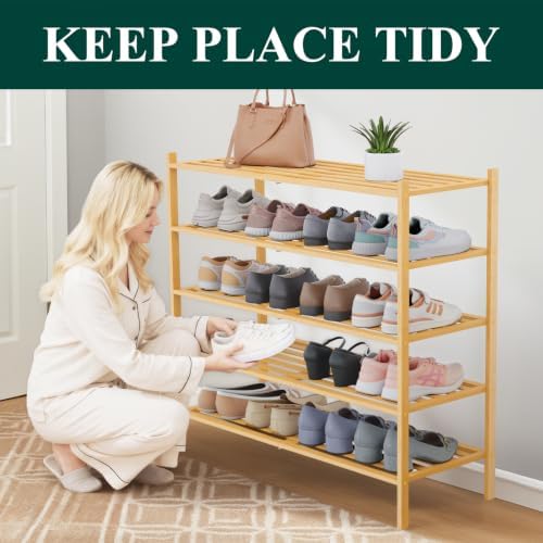 Smiry Bamboo Shoe Rack, 5 Horizontal Slats, 5 Tier - 33.9" Wide, Natural - Image 3