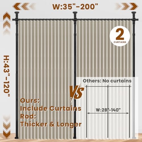 100% Blackout Room Divider Curtains Sets Cream White W100 x L84 in,2 Panels Curtain Rods No Drilling Adjustable Tension (H) 43-120×(W) 35-200 in for Studio Apartment Dorm Office - Image 2