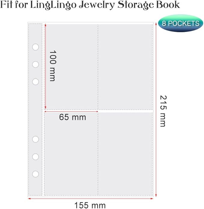Clear Double-Sided Refill Inner Pages for Transparent Jewelry Storage Book 6 Ring Binder, 20 Sheets 160 Pockets