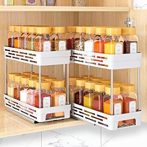 Pull Out Spice Rack Organizer for Cabinet, 2 Pack Slide Out Spice Racks Organizer, Spice Cabinet Organizers, Cabinet Size Need:12'' Highx11'' Deepx5'' Wide,Hold 10 Spice Jar Each Tier-2Tier, White by DABIGE