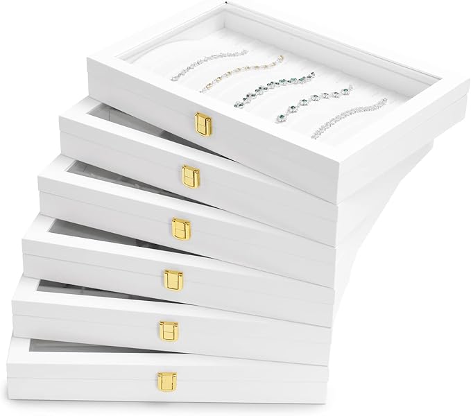 Oirlv White Leather Acrylic Lid Jewelry Necklace Organizer Box Necklace Bracelet Display Holder Case Drawer Insert Women Gift