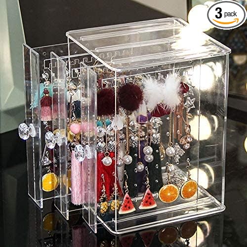 Sooyee Clear 3 Vertical Drawer Earring Display Stand Organizer(216 Holds 108 Pairs), Jewelry Hanger Storage Box