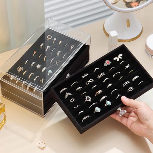 SPAKOWN Ring Box Display Holder, Clear Velvet Jewelry Storage Tray Organizer for Ring Stud Earring (Black - 3 Drawers) - Image 2