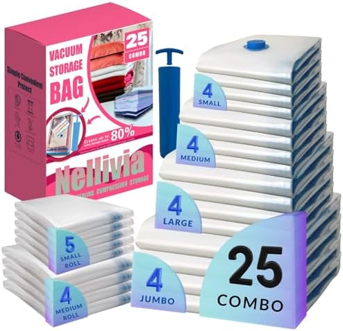 Vacuum Storage Bags with Hand Pump, Vacuum Seal Space Saver Bags, 25 Combo by Nellivia