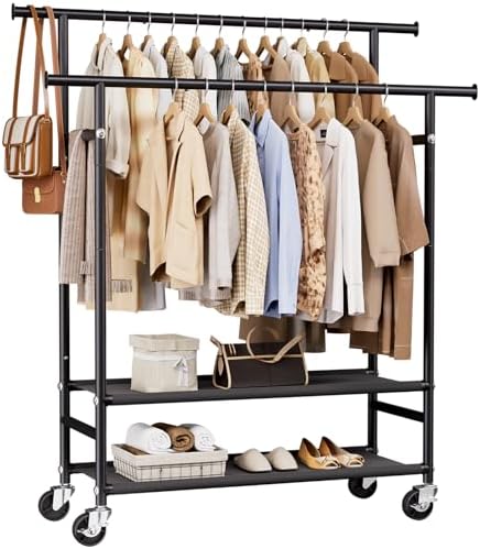 HYSEYY Clothes Rack,Double Rods Rolling Clothing Rack for Hanging Clothes,Portable Garment Rack with 2-Tier Storage Shelves,Free Standing Wardrobe Closet Coat Rack on wheels for Bedroom,Laundry Room by HYSEYY