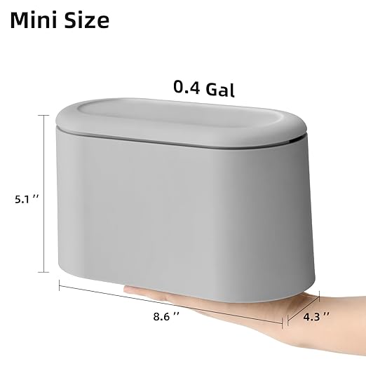SUBEKYU 0.5 Gal Mini Countertop Trash Can with Lid for Desktop, Small Garbage Can for Office, Tiny Wastebasket, Plastic, Light Grey