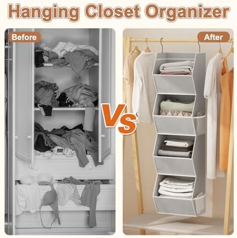 Hanging Closet Organizer 4 Shelf Collapsible Bedroom Closet Organizers and Storage Hanging with Mesh Pockets for Clothes, Fabric Hanging Storage Bins for Wardrobe Closet Organization and Storage, Grey - Image 5