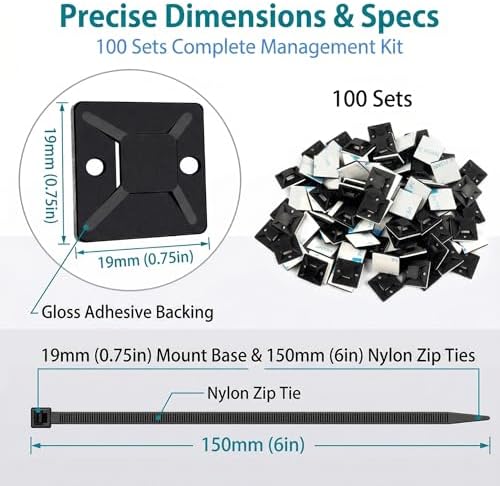 Zip Tie Mounts - SeuYeugX 100PCS Cable Self Adhesive Mounts Set for Wire Management with Stick Pads Anchors Clips Squares Holders (Black) - Image 2