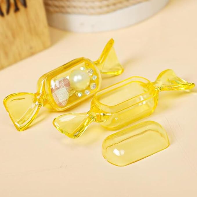 FZBNSRKO 50 Pcs Clear Candy Shaped Jewelry Box,Mini Jewelry Organizer Boxes Lovely Plastic Candy Container DIY Jewelry Accessories for Wedding Party Travel Valentine's Day(yellow)