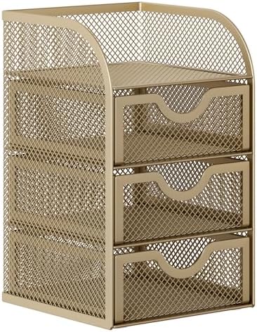 EasyPAG Mesh Desk Organizer with 3 Drawer Office Desktop Organizers and Accessories Stationery Caddy for Office, Home, Students, Gold - Image 2