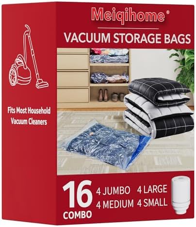 Vacuum Seal Bags for Clothing Travel & Home Storage, travel vacuum bags with pump, Store Blankets, Comforters, Pillows, Seasonal Clothes Compactly,16 Pack With Electric Pump by MEIQIHOME