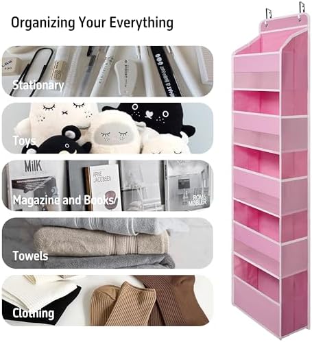 TYMENSH Pink Over Door Organizer with 5 Large Clear Pockets and 6 Side Mesh Pockets, Anti-Tilt Hanging Door Storage for Nursery, Bedroom, Bathroom, Closet, Toys, Baby Essentials - Image 6