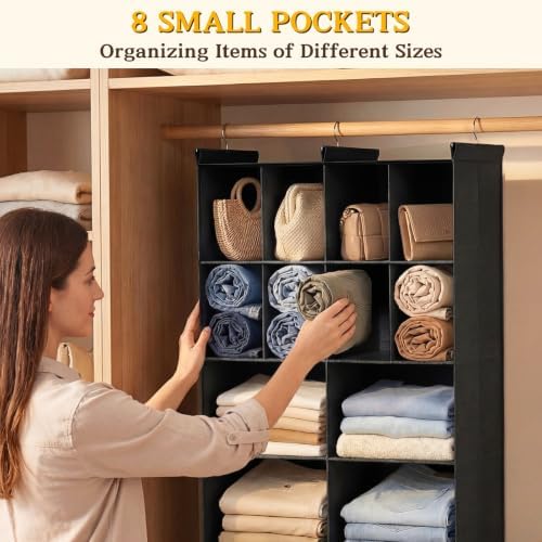 4 Tier Hanging Closet Organizer, 12 Compartments Dual Row Storage, Black - Image 5