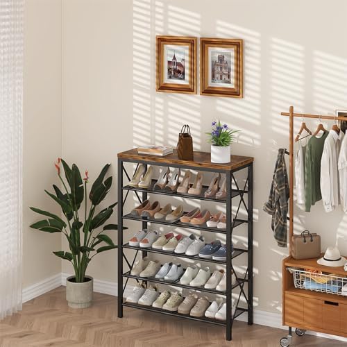 6 Tier Shoe Rack, Metal Shoe Stand with Wooden Top, Sturdy Shoe Shelf for Entryway Closet, Rustic Brown - Image 7