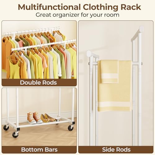 HYSEYY Double Rods Clothes Rack, Rolling Clothing Rack for Hanging Clothes Portable Wardrobe Rack, Metal Garment Rack Sturdy Coat Rack for Bedroom Laundry Living Room, White - Image 3