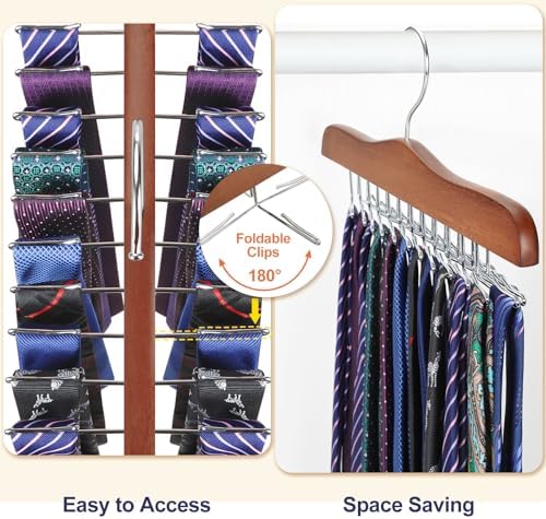 TOPIA HANGER Tie Rack Hanger for Closet 2 Packs, Wooden Tie Organizer for Men with 24 Folding Hooks, Space Saving Necktie Holder for Storage and Display Bra, Tank Top, Camisole (Walnut)-CT14WA-2 - Image 3