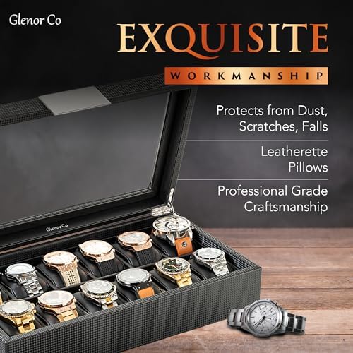 Glenor Co Watch Box for Men - 12 Slot Luxury Carbon Fiber Design Display Case, Large Holder, Metal Buckle - Black - Image 3
