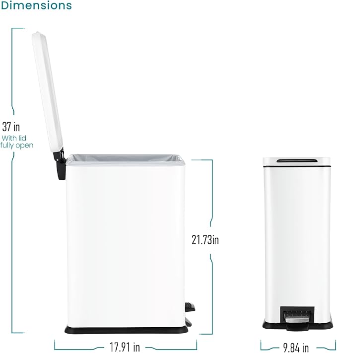 Home Zone Living 8 Gallon Slim Kitchen Trash Can with Soft Close Lid, Step Pedal, Bag Tuck Band, and Removable Liner, Stainless Steel, Matte White, 30 Liters
