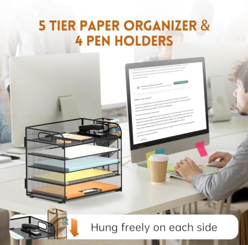 5-Tier Paper Organizer for Desk with Pen Holders, Letter Trays, Black - Image 5