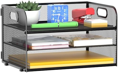 MINDEPOT 3 Tier Paper Organizer Tray with Handle, Mesh Letter Tray by MINDEPOT
