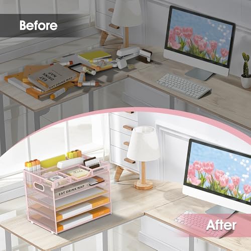 5 Tier Paper Letter Tray Desk Organizer with Pen Holders - Pink - Image 5