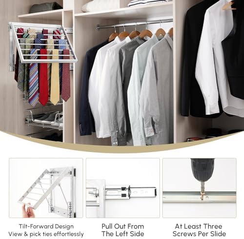 Blulu 13.8'' Sliding Tie Rack for Closet(Left Pull-Out), 60 Tie Pull Out Belt Hanger Wall Mounted Extending Metal Belt Organizer,Sliver - Image 3
