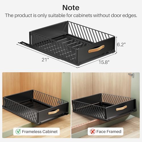 Pull out Cabinet Organizer,Heavy Duty Slide out Pantry Shelves Drawer Storage with Adhesive Nano Film,Sliding Mesh Cabinet Basket with Handle for Kitchen, Bathroom, Home, 15.8"W X 21"D X6.2"H,Black - Image 2