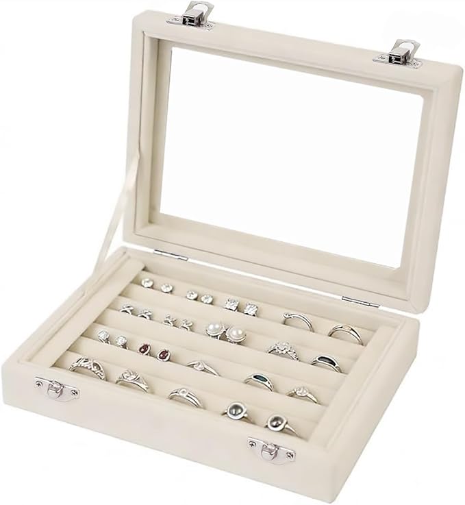 Jewelry Box Rings Organizer Tray 7 Slots Velvet Jewelry Earring Storage Box With Transparent Lid Jewelry Display Case for Girls Women (Beige)