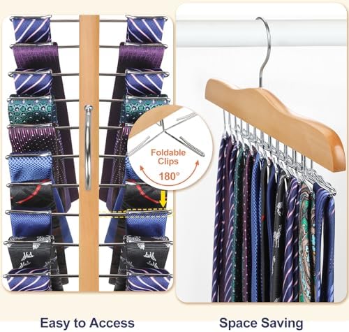 TOPIA HANGER Tie Rack Hanger for Closet, Wooden Tie Organizer for Men with 24 Folding Hooks, Space Saving Necktie Holder for Storage and Display Bra, Tank Top, Camisole (1-Pack), Natural- CT14N - Image 3