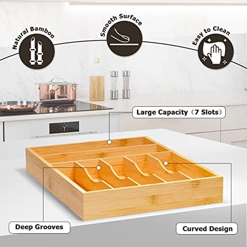 Flatware Organizer Silverware Drawer Organizer - 7 Slots Bamboo Cutlery Tray Multipurpose kitchen Drawer Organizer for Silverware, Utensils, Cutlery, Flatware, Knives W13”x L17” (Yellow) - Image 2