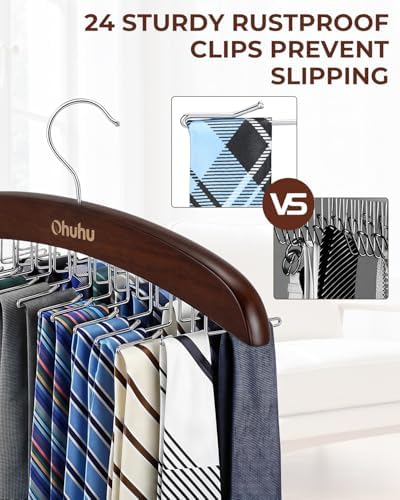Ohuhu 24-Hook Wooden Tie Rack, 360° Rotating Rustproof Closet Hanger - Image 3