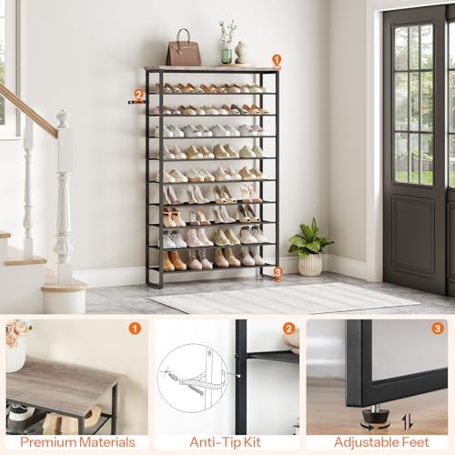 HOOBRO 10-Tier Shoe Rack for Entryway, 39.4" L Shoe Storage Organizer, Large Capacity Shoe Shelf for Closet, Front Door Entrance, Hallway, Holds 45-50 Pairs of Shoes, Greige and Black BG171XJ01 - Image 6