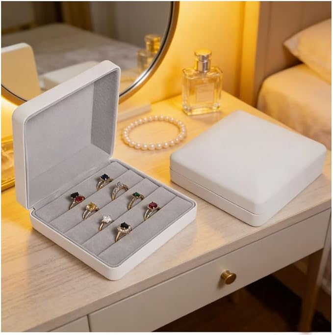 Small Ring Organizer Box, Portable Jewelry Rings Display Collector Case, Jewelry Ring Tray holder Showcase. Modern Rings Storage Boxes Fit for Women, Girl for Travel (White)