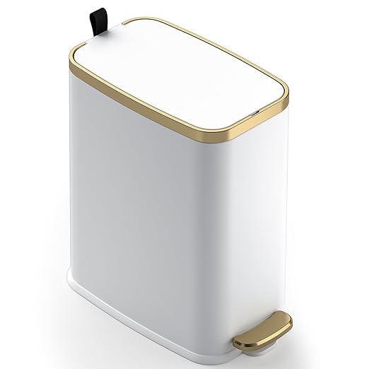 CEROELDA Small Bathroom Trash Can with Lid Soft Close-5L/1.3 Gal Stainless Steel Garbage Can-Step Pedal Wastebasket Slim Trash Bin for Office, Bedroom, Toilet, Live Room-White