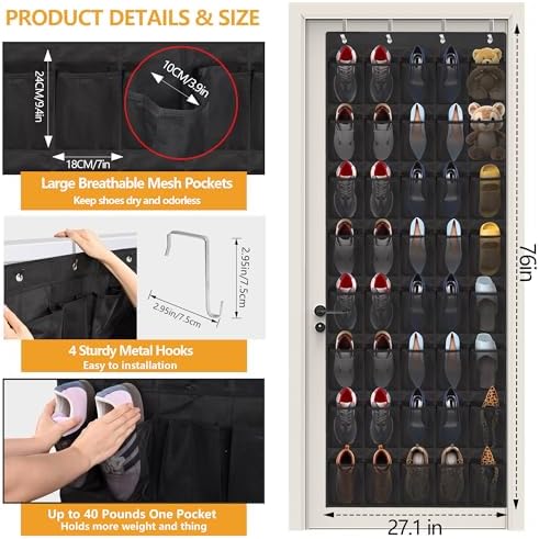Over the Door Shoe Organizer, 40 Large Mesh Pockets Hanging Shoe Rack Organizer for Closet Behind the Door Storage Holder for Entryway Bedroom Dorm Black - Image 3