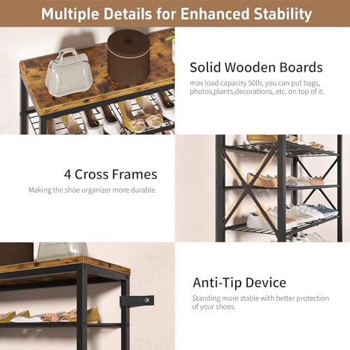 10-Tier Shoe Rack Holds 40 Pairs, Space Saving Shoe Organizer for Entryway Closet Apartment, Industrial Metal Shoe Shelf with Wooden Top, Rustic Brown - Image 4