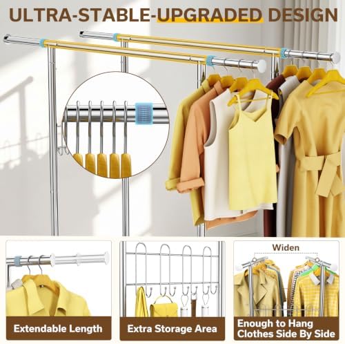 100% Stainless Steel Heavy Duty Clothes Rack Load 960LBS, Double Rod Clothing Rack for Hanging Clothes with Reinforced Rubber Rings, Extendable Rolling Garment Racks W/ Portable Wheel & Sturdy Shelves - Image 3
