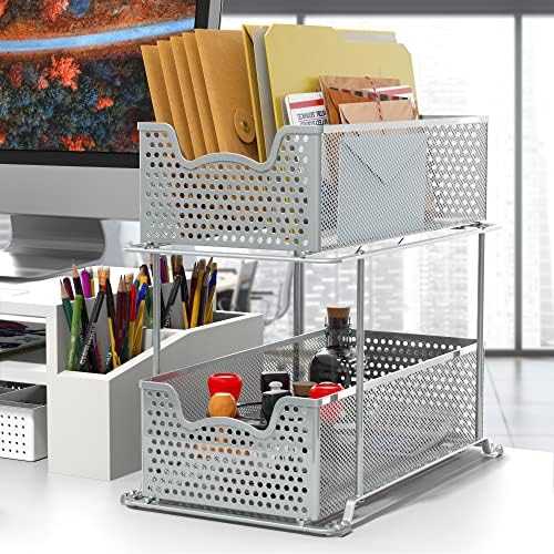 SIMPLE HOUSEWARE 2 Tier Sliding Cabinet Basket Organizer Drawer, Silver - Image 2