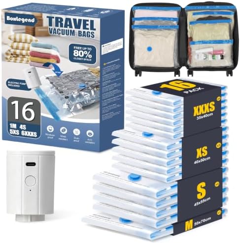 BoxLegend 16‑Pack Travel Vacuum Storage Bags with USB Pump, 4 Sizes, Thickened Compression Packing Bags for Clothes, Space‑Saving Vacuum Seal Bags for Luggage, Suitcase, Travel, Moving & Closet by BoxLegend