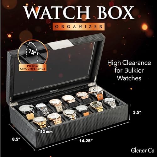 Glenor Co Watch Box for Men - 12 Slot Luxury Carbon Fiber Design Display Case, Large Holder, Metal Buckle - Black - Image 2