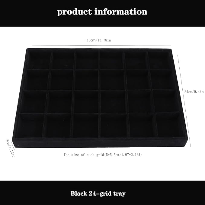 Large Velvet Jewelry Tray, Drawer Organizer for Jewelry in Dresser, Stackable Jewelry Drawer Organizer Inserts for Earring Necklace Bracelet Rings(Black,24grid)